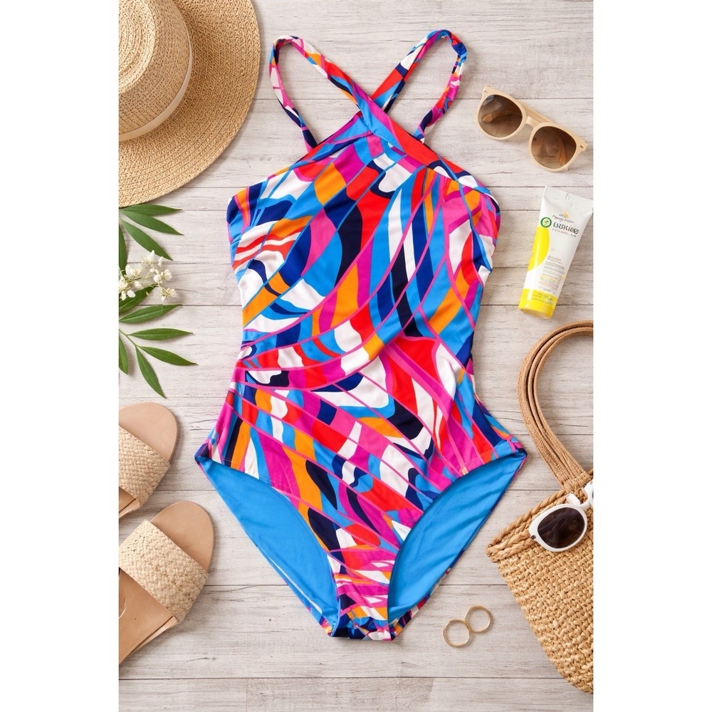Trina Turk‎ Rio Reversible Swimsuit Size 10 Colorful Print High Neck